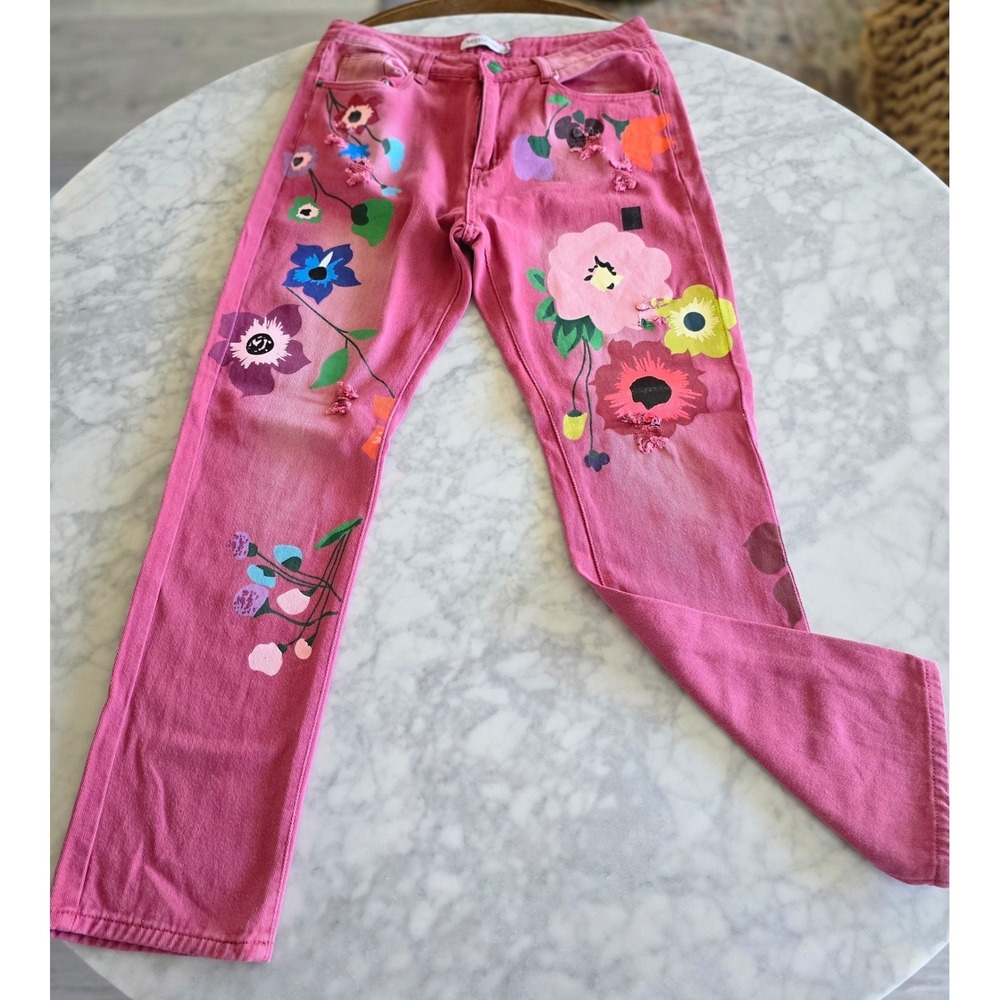 MISSLOOK Pink Floral Graphic Distressed Straight Leg Jeans Womens  665811